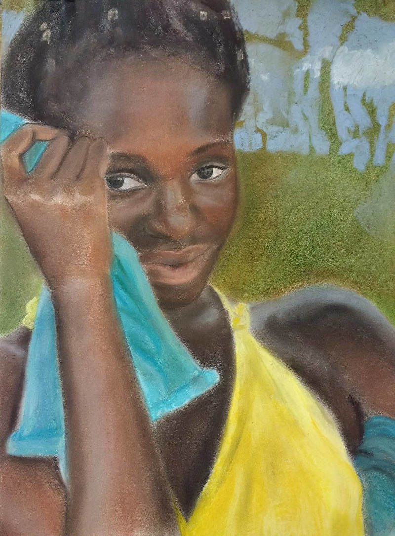 Portrait of a Senegal women in a yellow dress.