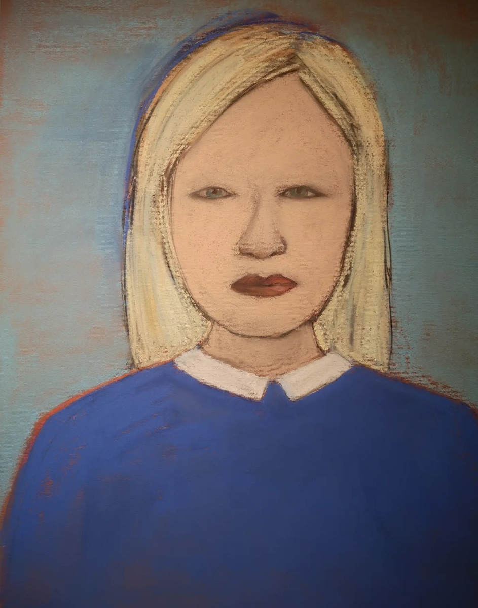 Portrait of woman in blue dress.