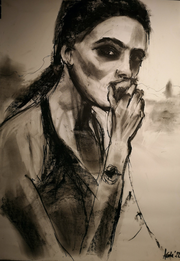 A portrait of a slim woman with a long dark hair eating an apple. Charcoal on a white cardboard.