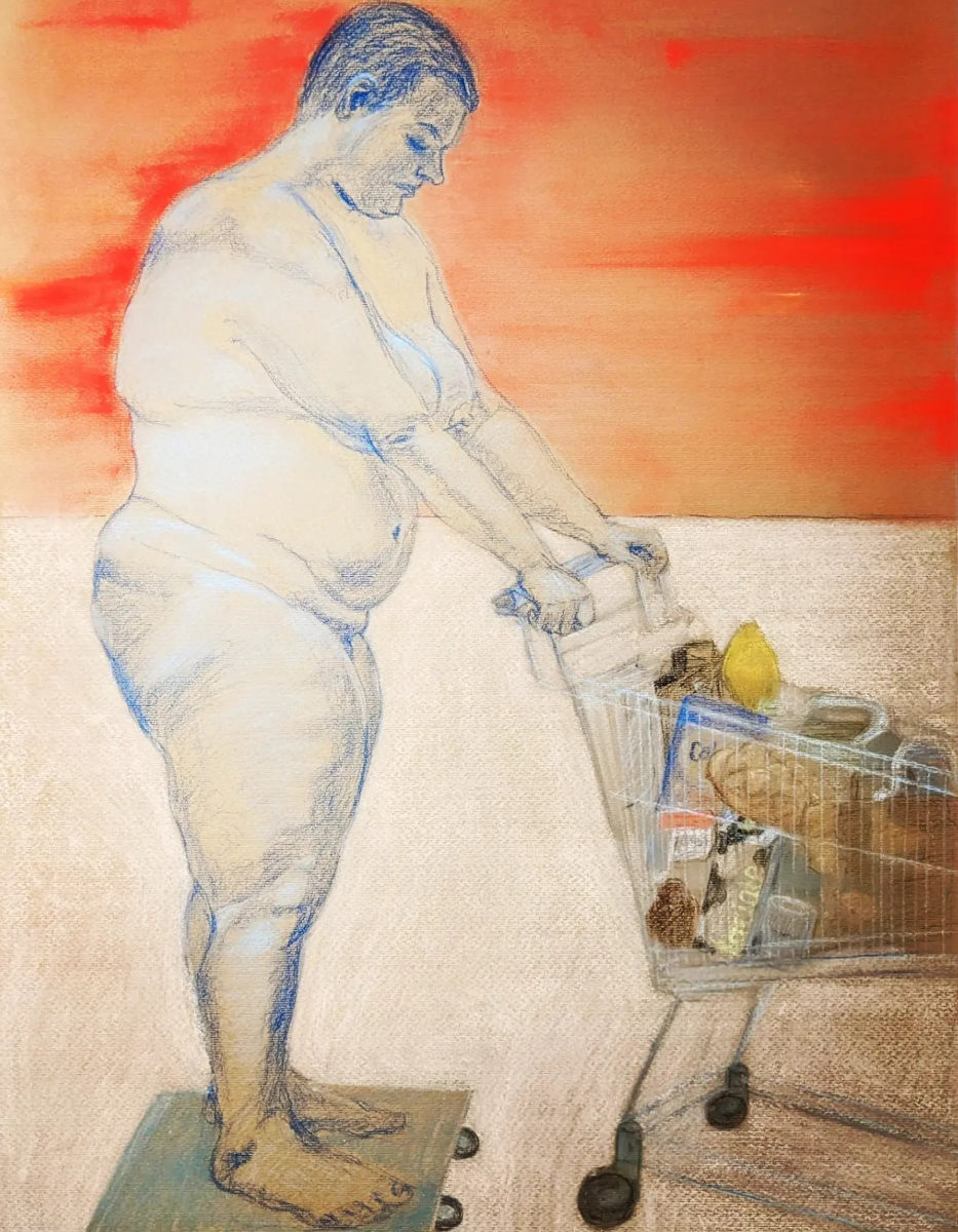 A naked woman pushes a shopping cart.