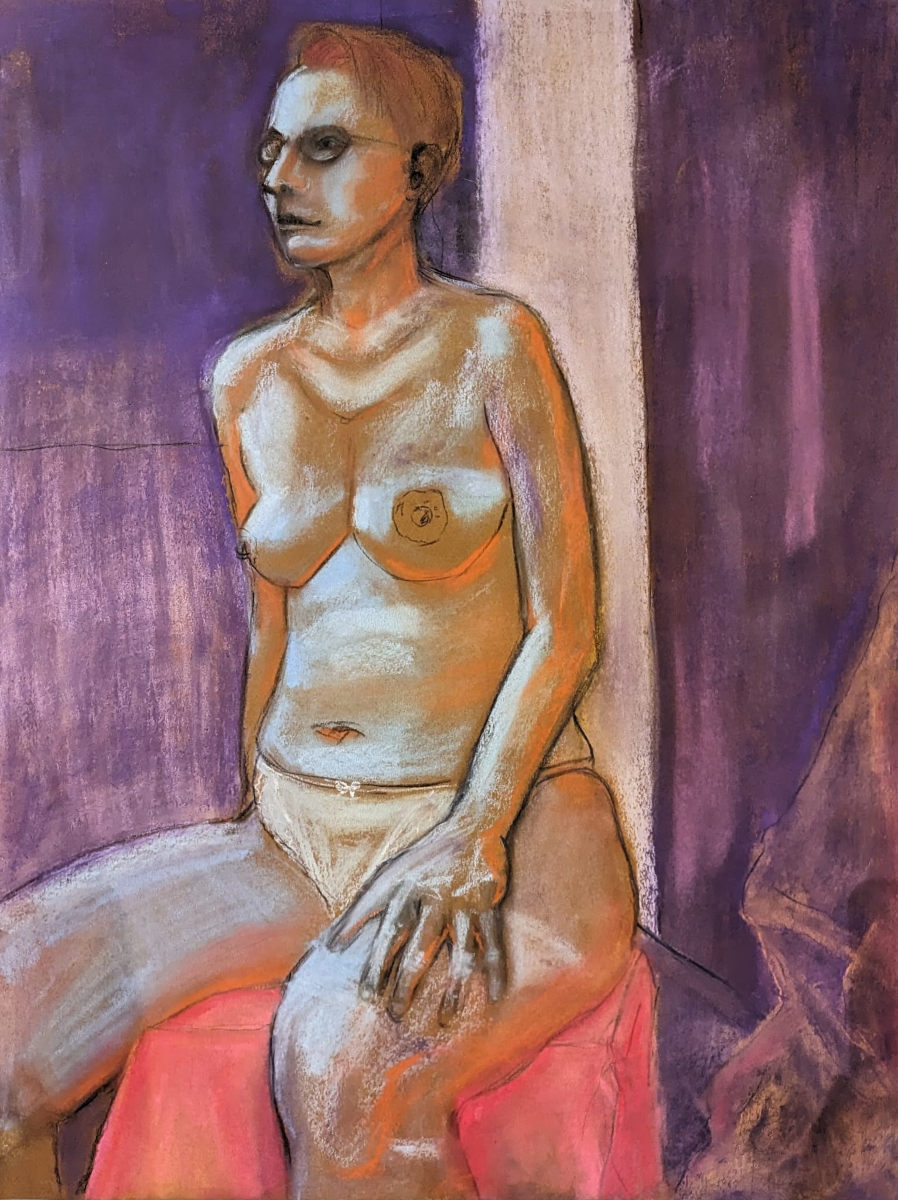 Woman in a violet room.