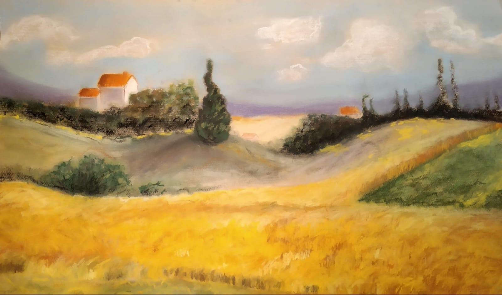 Landscape showing yellow and green fields and three houses on a horizon.