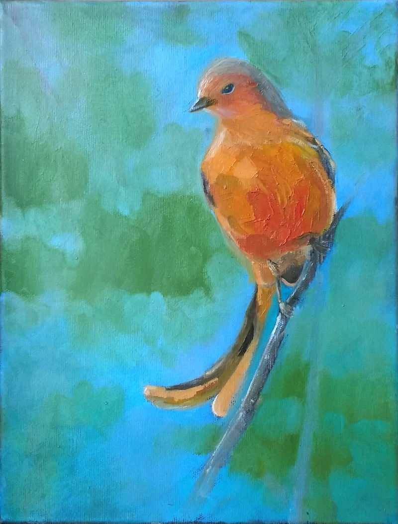 A small orange bird sitting a thin tree branch.
