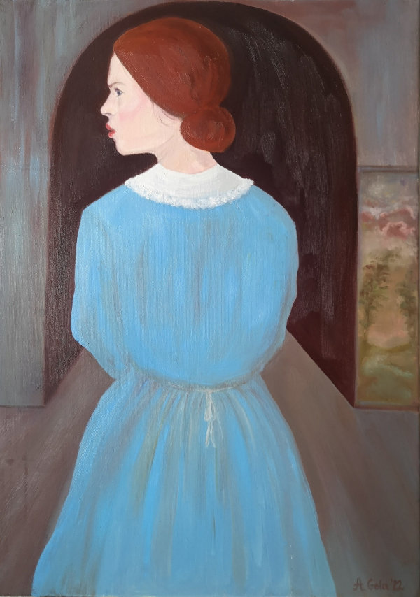 Oil painting of a women wearing long, modest blue dress with a white collar. She is looking to the left. She seems to be concerned with what she sees.