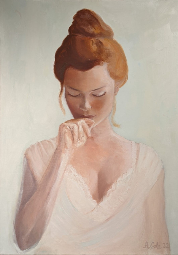 An oil portrait of a beautiful woman with closed eyes and red hair tied in a bun.