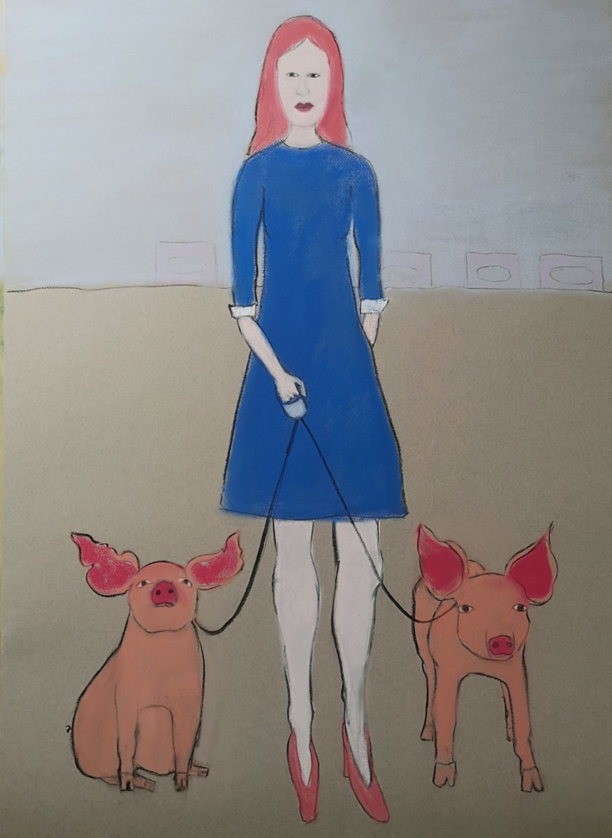 Woman and pigs.